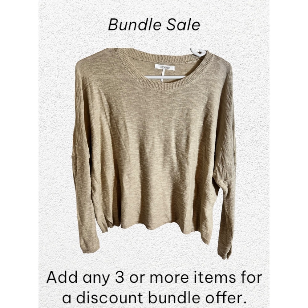 Stitch Drop Sweater Knit Tan Crew Neck Long Sleeve Relaxed Fit Women's‎ M